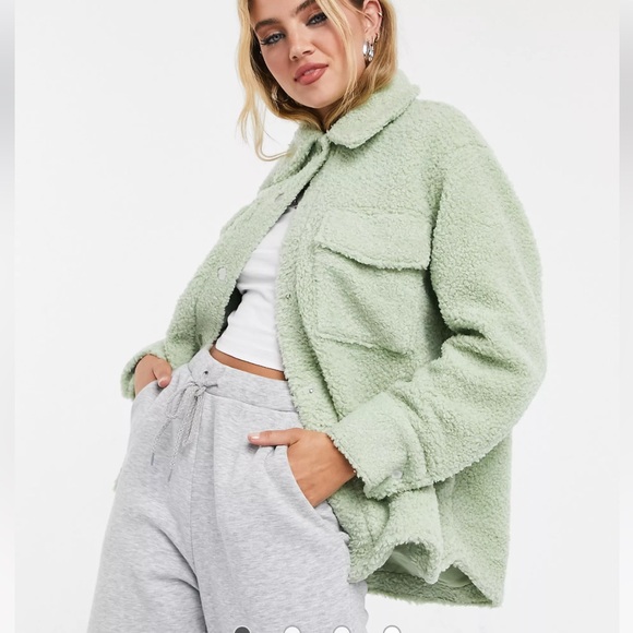 Monki Hazel Fluffy Shacket in Light Sage Green - LIKE NEW - Picture 1 of 7